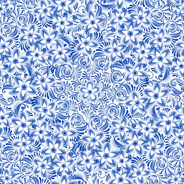 Russo ornamental tradicional pintura arte estilo gzhel. Flores azuis e pergaminhos, padrão sem costura étnica popular requintado — Vetor de Stock
