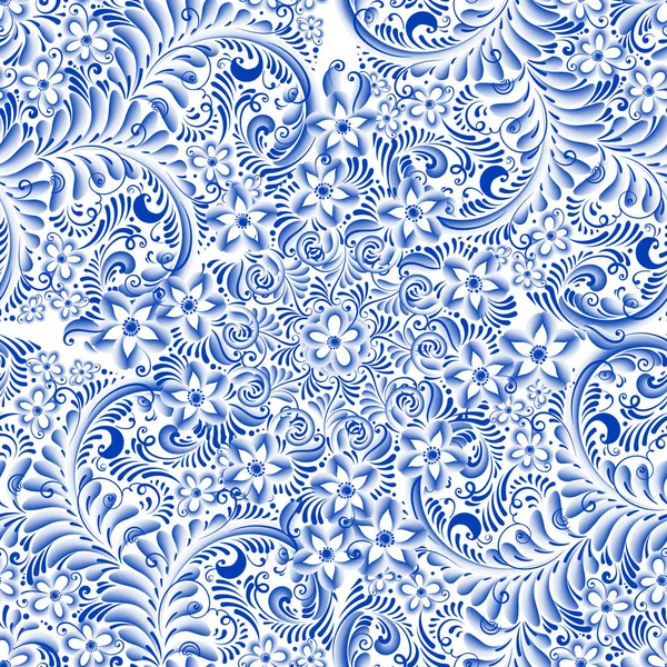 Russische sier traditionele schilderkunst kunst stijl gzhel. Blauwe bloemen en rollen, exquise folk etnische naadloze patroon — Stockvector