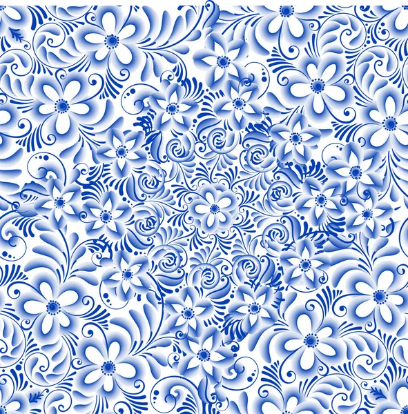 Русский декоративная традиционная живопись стиль гжель. Голубые цветы и свитки, изысканный народный бесшовный рисунок — стоковый вектор