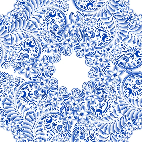 Русский декоративная традиционная живопись стиль гжель. Голубые цветы и свитки, изысканный народный бесшовный рисунок — стоковый вектор