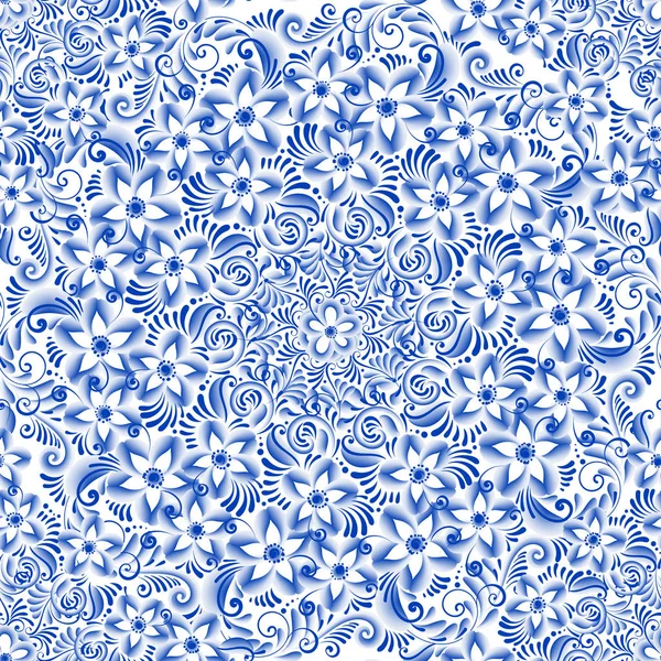 Ruso ornamental tradicional pintura estilo arte gzhel. Flores y pergaminos azules, exquisito patrón étnico popular sin costuras — Vector de stock