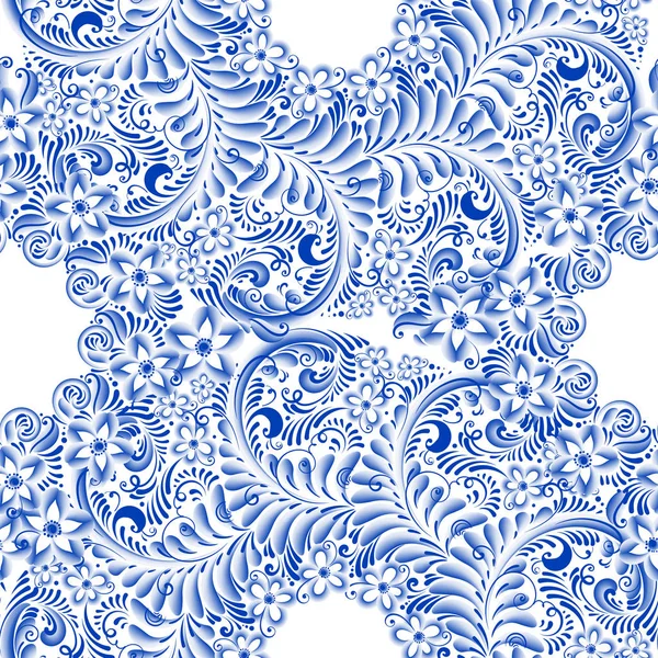러시아 장식 전통 그림 아트 스타일 gzhel 파란 꽃 및 스크롤, 절묘 한 민속 민족 원활한 패턴 — 스톡 벡터