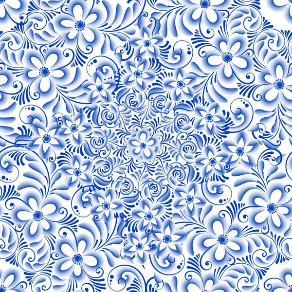 Russische ornamentale traditionelle Malkunst Stil gzhel. Blaue Blumen und Schriftrollen, exquisite ethnische Muster — Stockvektor