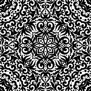 Siyah ve beyaz süsleri, tek renkli karmaşık arka plan ile seamless modeli. Kabile etnik süsleme, dekoratif Yinelenen doku sonsuz döşeme, duvar kağıdı Doğu zarif stil veya doku