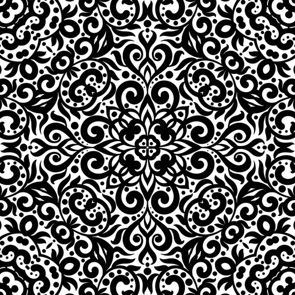 Черно-белый бесшовный рисунок с цветущим монохромным замысловатым фоном. Племенной этнический орнамент, декоративная повторяющаяся текстура бесконечная плитка, восточные изысканные обои или текстура — стоковый вектор