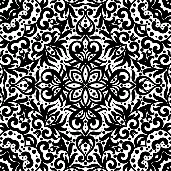 Чорно-білий безшовний візерунок з розквітлим, монохромним складним тлом. Племінний етнічний орнамент, декоративна повторювана текстура нескінченна плитка, шпалери східного вишуканого стилю або текстура — стоковий вектор