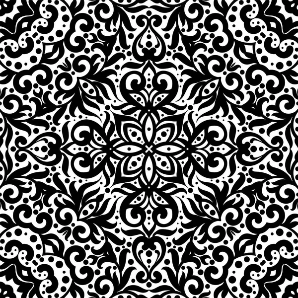 Patrón sin costura en blanco y negro con flores, fondo intrincado monocromo. ornamento étnico tribal, textura repetitiva decorativa azulejo sin fin, oriental exquisito estilo fondo de pantalla o textura — Archivo Imágenes Vectoriales