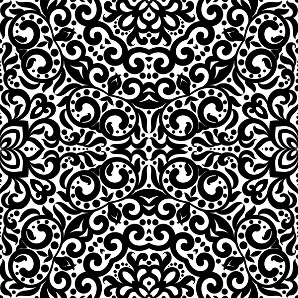Černé a bílé vzor bezešvé s kudrlinkami, monochromatický složité pozadí. Domorodé etnické ornament, dekorativní opakující nekonečný dlaždice textury, východní vytříbený styl tapety nebo textury — Stockový vektor