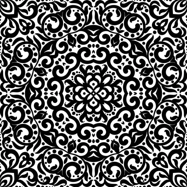 黒と白の華麗さをモノクロの複雑な背景を持つシームレス パターン。部族民族飾り、装飾的な繰り返しテクスチャ無限タイル、絶妙な和風壁紙またはテクスチャ — ストックベクタ