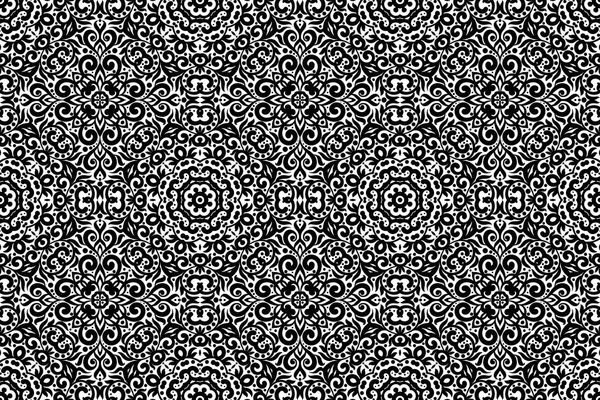 Zwart en wit horizontale naadloze patroon met bloeit, monochroom ingewikkelde achtergrond. Tribal etnische sieraad, decoratieve herhalende textuur eindeloze tegel, oostelijke exquise stijl behang of te — Stockvector