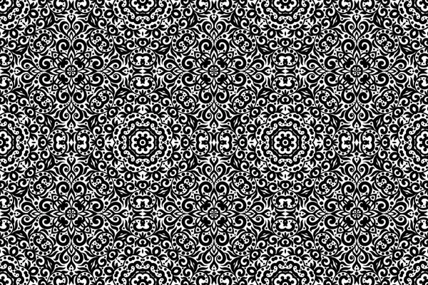 Motif horizontal sans couture noir et blanc avec des fleurs, fond complexe monochrome. Tribal ornement ethnique, décoration répétant texture carreaux sans fin, papier peint de style exquis oriental ou te — Image vectorielle