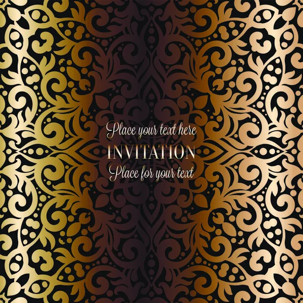 Χρυσό προσκλητήριο γάμου κάρτα πρότυπο σχεδιασμού με Δαμασκηνό μοτίβο για το φόντο. Παράδοση διακόσμησης για το γάμο σε στυλ μπαρόκ — Διανυσματικό Αρχείο