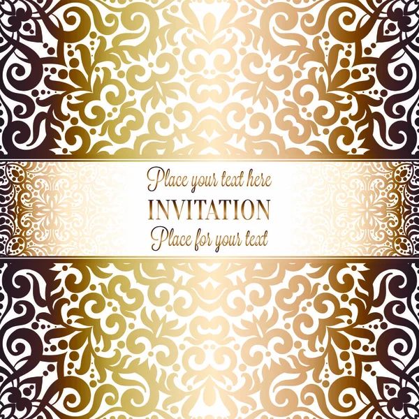 Gold Hochzeitseinladungskarte Vorlage Design mit Damast-Muster auf dem Hintergrund. Traditionelle Dekoration für die Hochzeit im Barockstil — Stockvektor