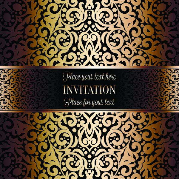 Diseño de la plantilla de tarjeta de invitación de boda de oro con patrón de damasco en el fondo. Decoración de la tradición para boda en estilo barroco — Vector de stock