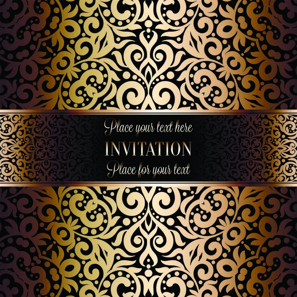 Gold Wedding Invitation design modello di carta di invito con motivo damascato su sfondo. Decorazione tradizionale per matrimonio in stile barocco — Vettoriale Stock