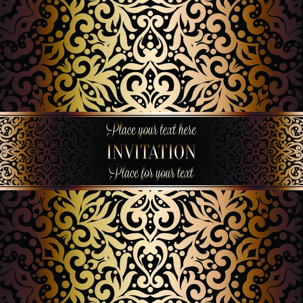 Gold Wedding Invitation card template design with damask pattern on background. Tradition decoration for wedding in baroque style — Stock Vector