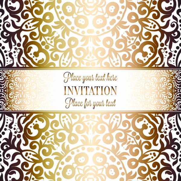 Gold Wedding Invitation Card template design with damask pattern on background. Традиционное оформление свадьбы в стиле барокко — стоковый вектор