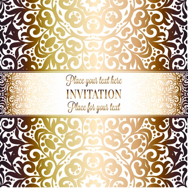 Diseño de la plantilla de tarjeta de invitación de boda de oro con patrón de damasco en el fondo. Decoración de la tradición para boda en estilo barroco — Vector de stock