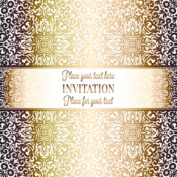 Zlaté svatební oznámení karta šablony design s damaškového vzoru na pozadí. Tradice zdobení na svatbu v barokním stylu — Stockový vektor