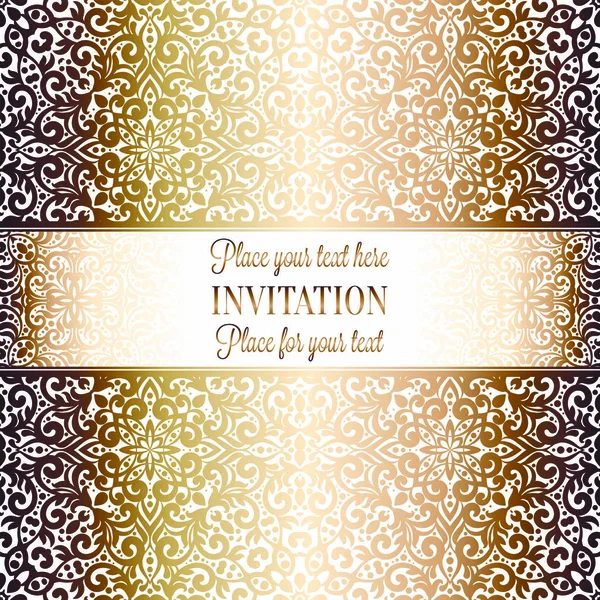 Gold Wedding Invitation card template design with damask pattern on background. Tradition decoration for wedding in baroque style — Stock Vector