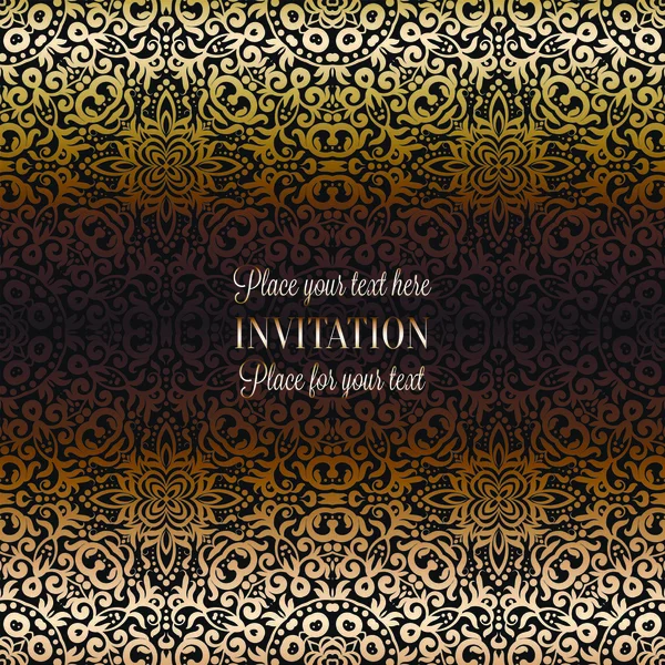 Gold Wedding Invitation Card template design with damask pattern on background. Традиционное оформление свадьбы в стиле барокко — стоковый вектор