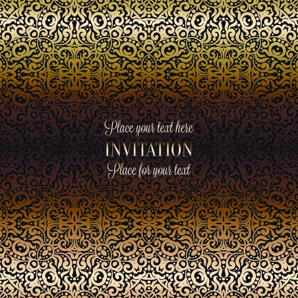 Modèle de carte d'invitation de mariage en or avec motif damassé sur fond. Tradition décoration pour mariage de style baroque — Image vectorielle