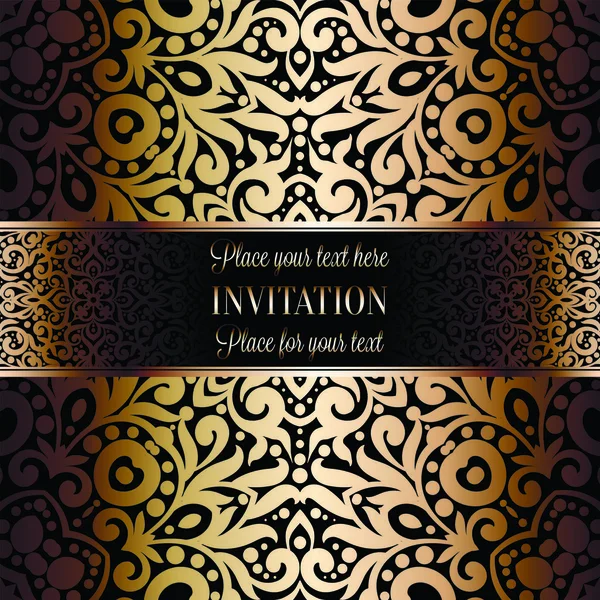 Gold Wedding Invitation card template design with damask pattern on background. Tradition decoration for wedding in baroque style — Stock Vector