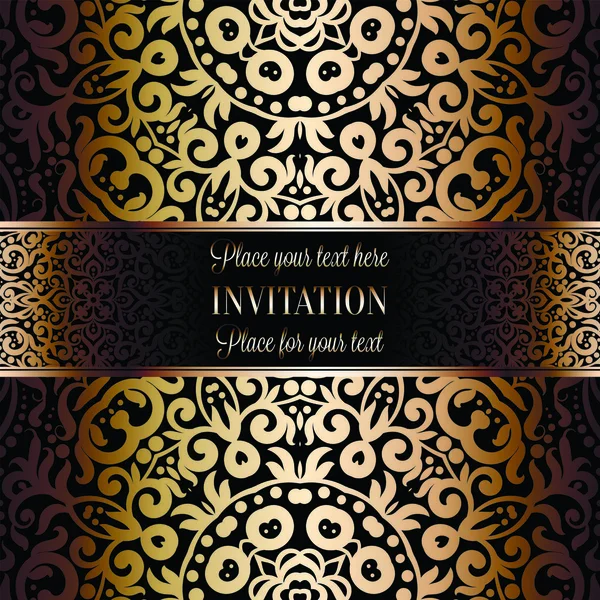 Gold Wedding Invitation card template design with damask pattern on background. Tradition decoration for wedding in baroque style — Stock Vector
