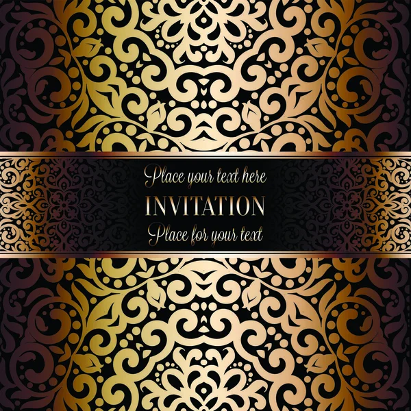 Χρυσό προσκλητήριο γάμου κάρτα πρότυπο σχεδιασμού με Δαμασκηνό μοτίβο για το φόντο. Παράδοση διακόσμησης για το γάμο σε στυλ μπαρόκ — Διανυσματικό Αρχείο