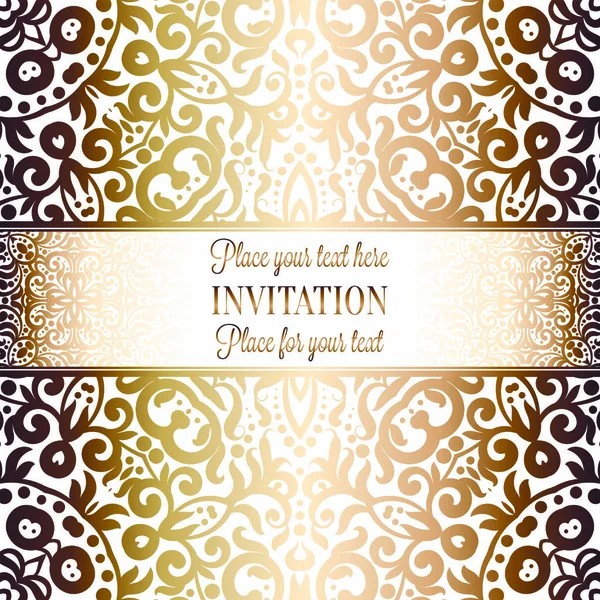 Diseño de la plantilla de tarjeta de invitación de boda de oro con patrón de damasco en el fondo. Decoración de la tradición para boda en estilo barroco — Archivo Imágenes Vectoriales