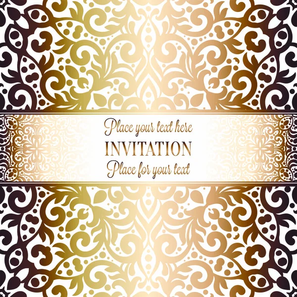 Design de modelo de cartão de convite de casamento de ouro com padrão de damasco no fundo. Decoração de tradição para casamento em estilo barroco — Vetor de Stock
