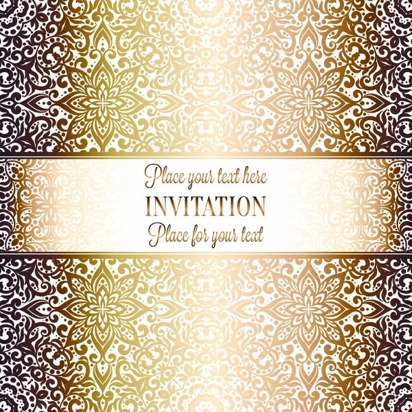 Gouden bruiloft uitnodiging kaart sjabloonontwerp met damast patroon op de achtergrond. Traditie decoratie voor bruiloft in barokke stijl — Stockvector
