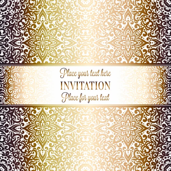 Gold Wedding Invitation card template design with damask pattern on background. Tradition decoration for wedding in baroque style — Stock Vector