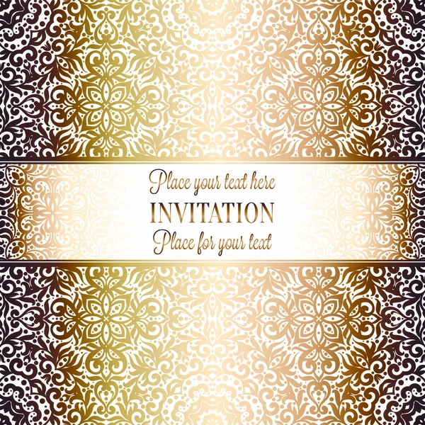 Arany esküvői meghívó sablon Kártyatervező damaszt mintás háttérrel. Hagyomány dekoráció esküvőre, barokk stílusban — Stock Vector