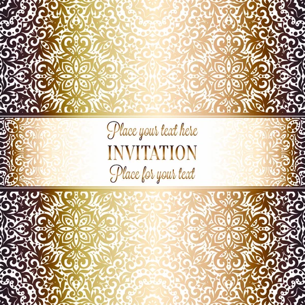 Gold Wedding Invitation card template design with damask pattern on background. Tradition decoration for wedding in baroque style — Stock Vector