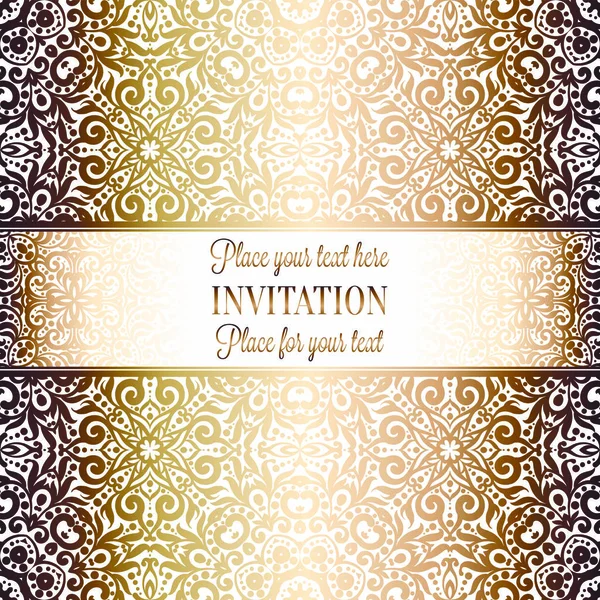 Gold Wedding Invitation Card template design with damask pattern on background. Традиционное оформление свадьбы в стиле барокко — стоковый вектор