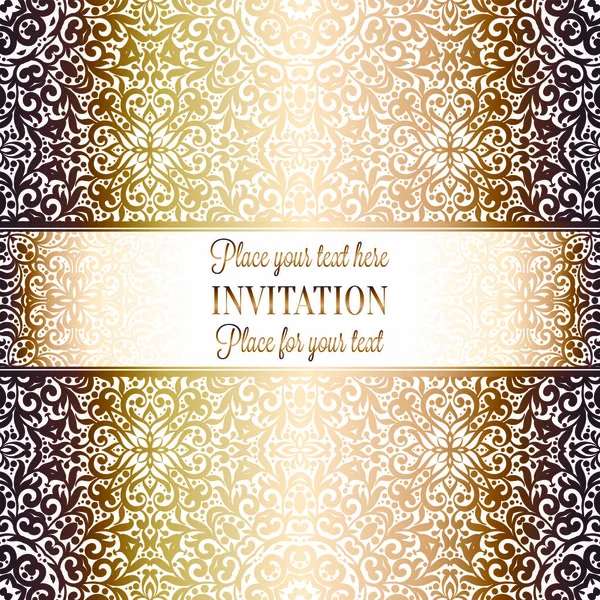 Design de modelo de cartão de convite de casamento de ouro com padrão de damasco no fundo. Decoração de tradição para casamento em estilo barroco — Vetor de Stock