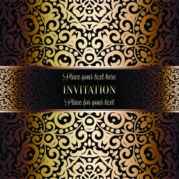 Gold Wedding Invitation card template design with damask pattern on background. Tradition decoration for wedding in baroque style — Stock Vector