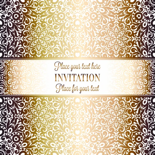 Design de modelo de cartão de convite de casamento de ouro com padrão de damasco no fundo. Decoração de tradição para casamento em estilo barroco —  Vetores de Stock