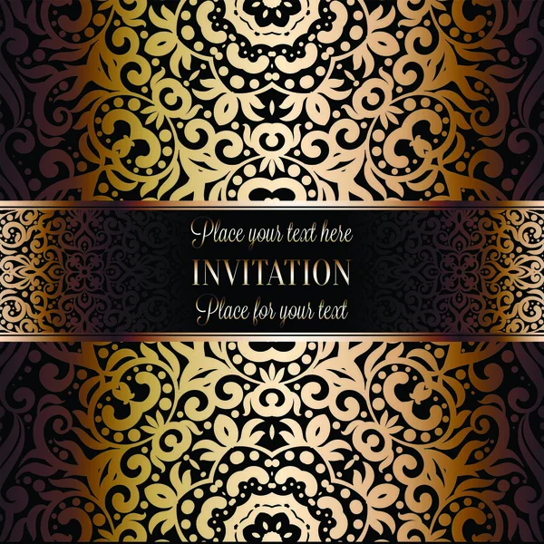 Gold Wedding Invitation design modello di carta di invito con motivo damascato su sfondo. Decorazione tradizionale per matrimonio in stile barocco — Vettoriale Stock