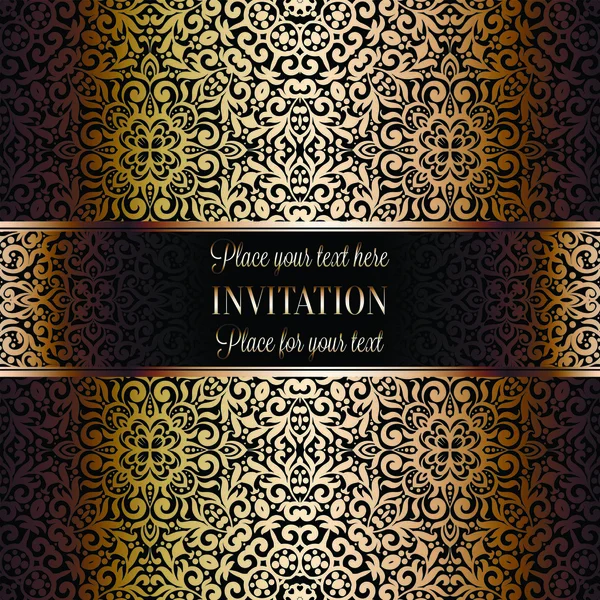 Gold Wedding Invitation card template design with damask pattern on background. Tradition decoration for wedding in baroque style — Stock Vector