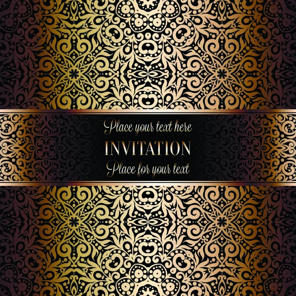 Gold Wedding Invitation Card template design with damask pattern on background. Традиционное оформление свадьбы в стиле барокко — стоковый вектор