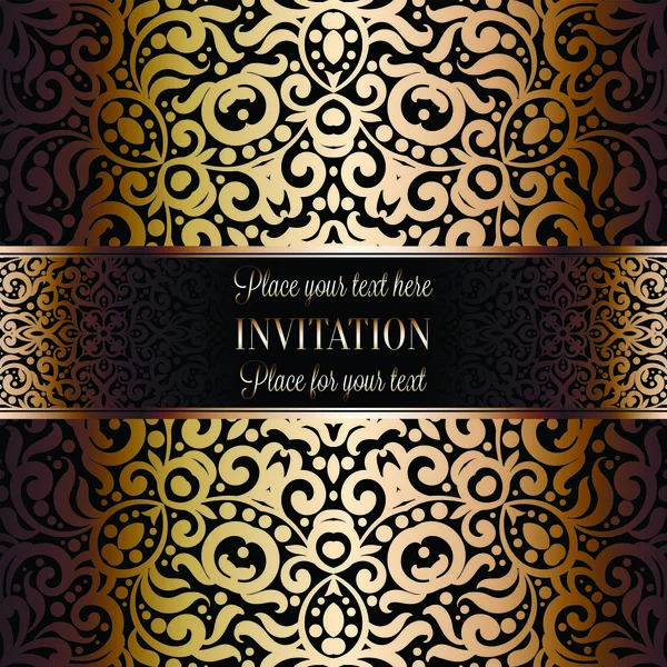 Gold Hochzeitseinladungskarte Vorlage Design Mit Damast Muster Auf Dem Hintergrund — Stockvektor