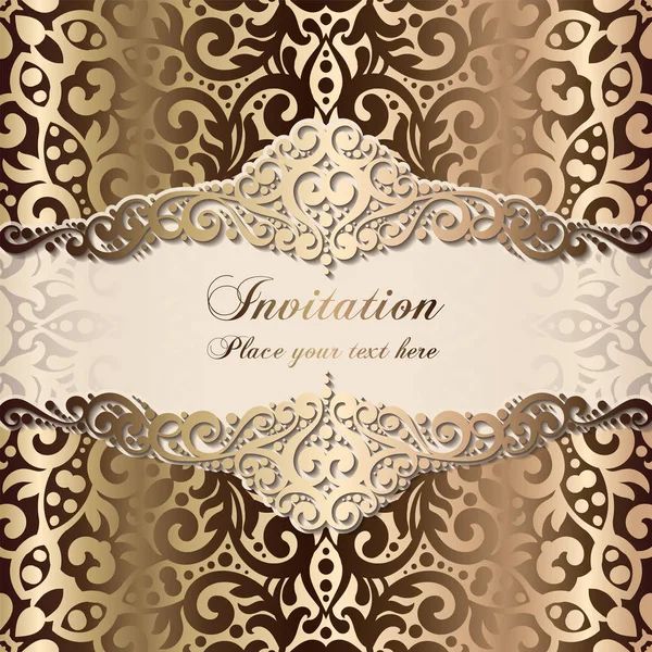 Gold Wedding Invitation Card Template Design Damask Pattern Silky Background — Stock Vector