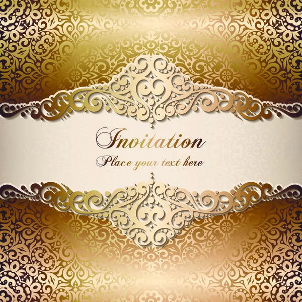 Gold Wedding Invitation Card Template Design Damask Pattern Silky Background — стоковый вектор