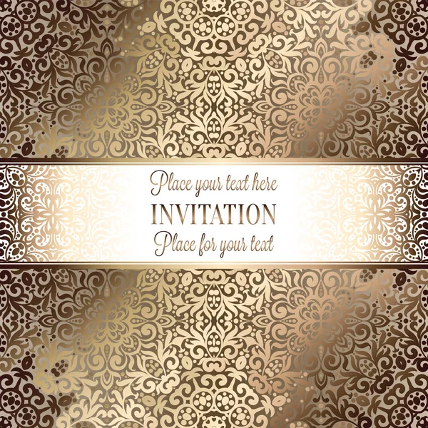 Χρυσό Προσκλητήριο Γάμου Κάρτα Πρότυπο Σχεδιασμού Δαμασκηνό Μοτίβο Για Μεταξένια — Διανυσματικό Αρχείο