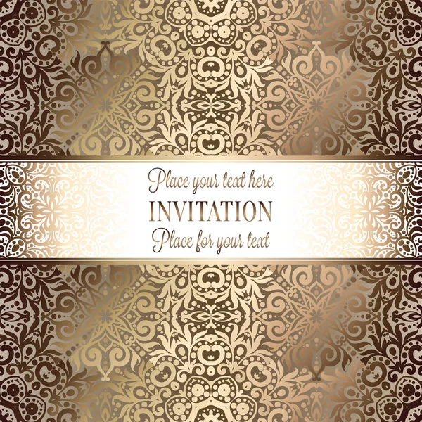 Gold Wedding Invitation Card Template Design Damask Pattern Silky Background — Stock Vector