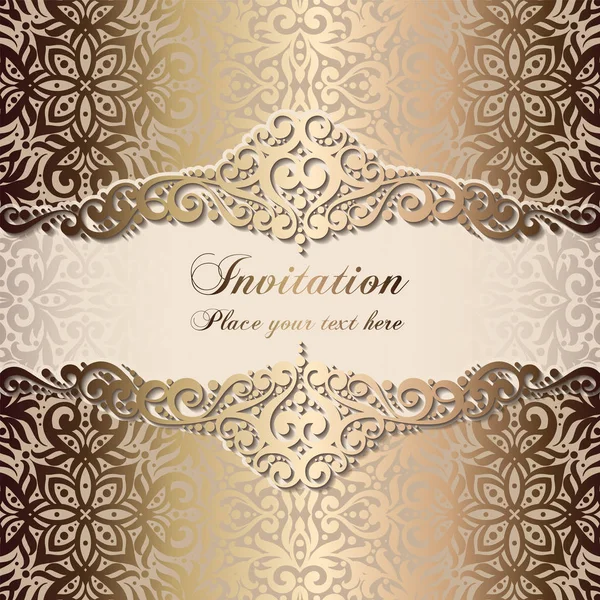 Muster Einer Goldenen Hochzeitseinladungskarte Mit Damastmuster Auf Seidigem Hintergrund Spitze — Stockvektor
