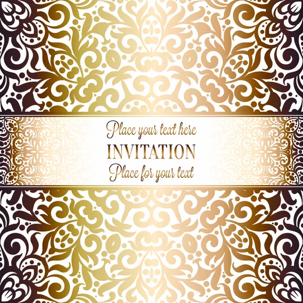 Gold Wedding Invitation Card Template Design Damask Pattern Background Традиционное — стоковый вектор