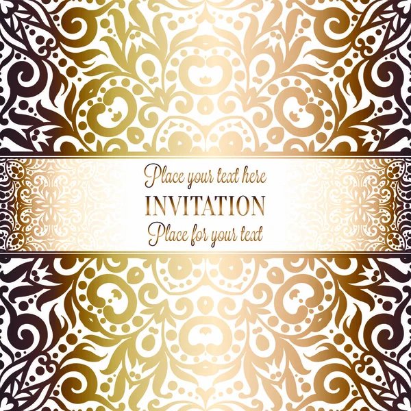 Gold Wedding Invitation Card Template Design Damask Pattern Background Tradition — Stock Vector